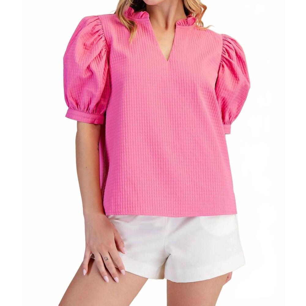 NEW GLAM lily ruffle v-neck puff sleeve top in pink